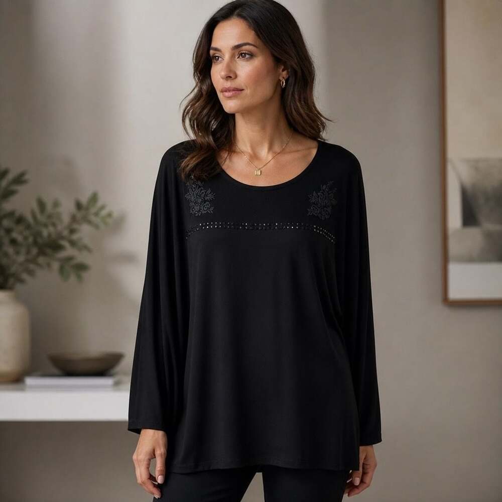 Belldini Women's Black Tunic w/Embellished Neckline &Embroidered Floral Detail